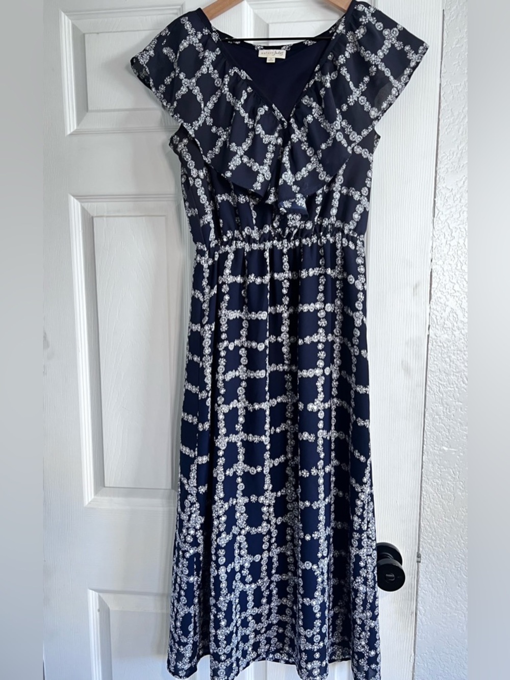 Maison Jules Navy and White Floral Grid Maxi Dress